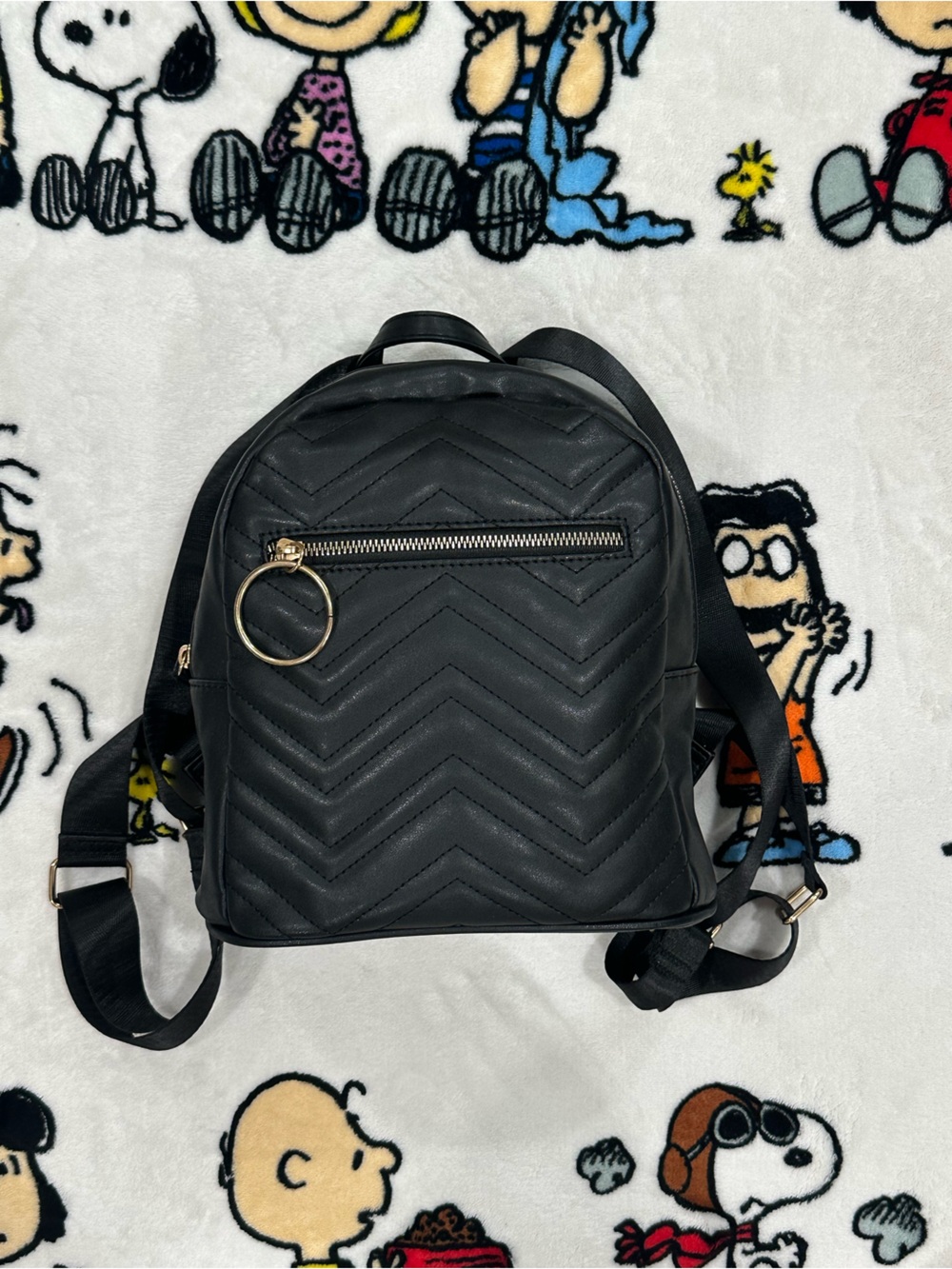 Black Mini Backpack with Gold Ring Accent